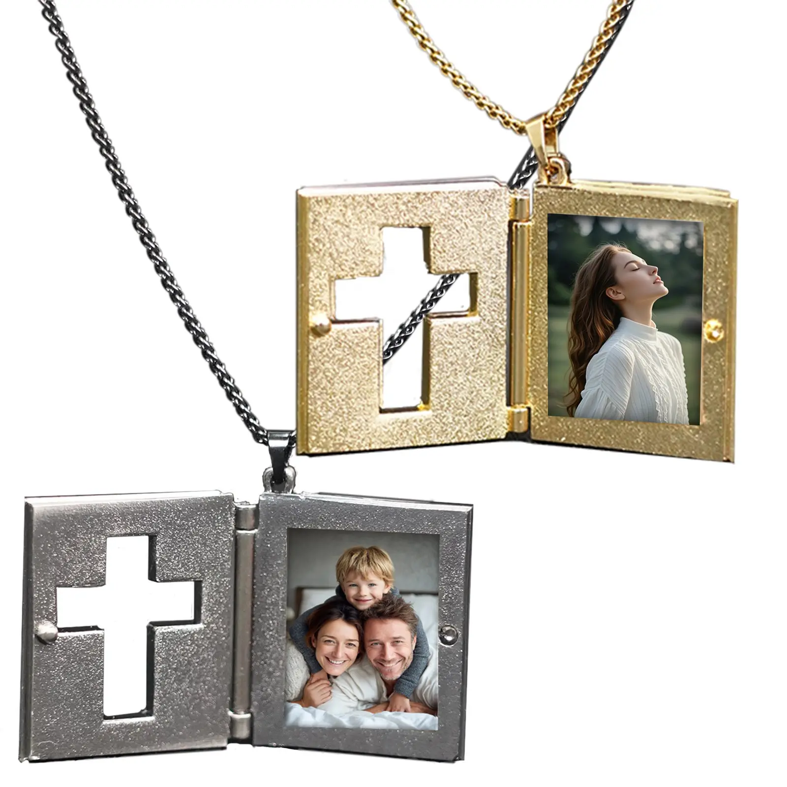 Unisex Gold-Plated Waterproof Hollow Cross Openable Photo Locket Necklace - Religious Car Hanging Ornament, Bible Page-Turning Pendant, Jesus Portrait, Talking Cross Necklace, Christian Anniversary Party Gift