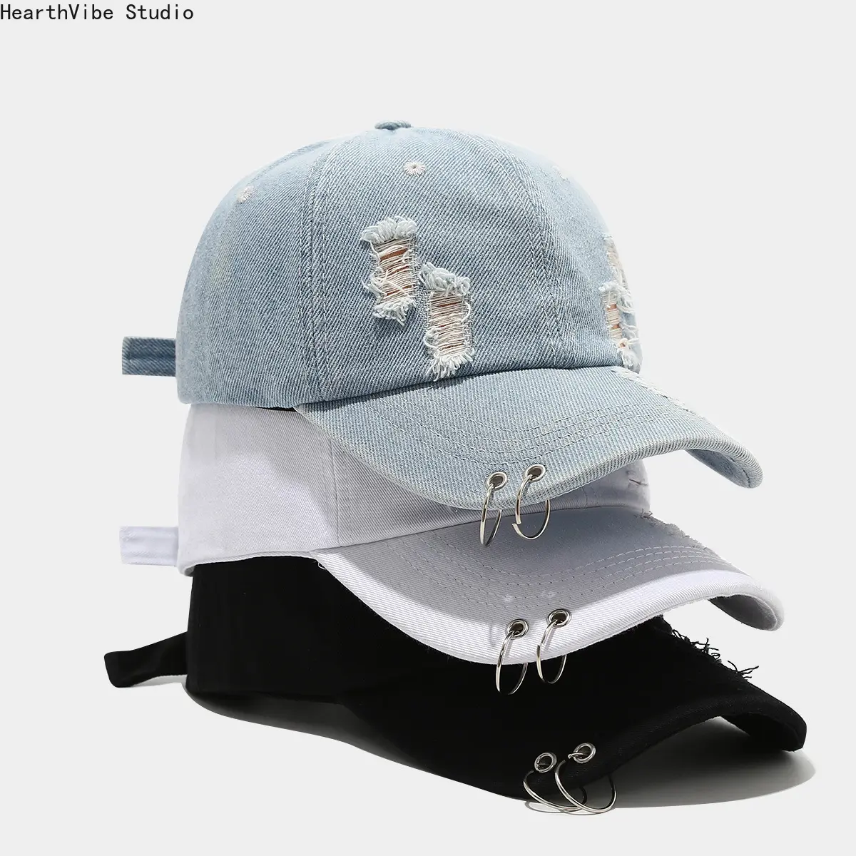 Unisex Denim Trucker Hat with Metal Rings, Ripped Details - Retro Street Hip-Hop Style for Baseball Sports, Mens Hats, Casual Hat, Classic Trucker Hat