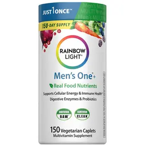 HOT! Rainbow Light Mens Multivitamin One + | 150 Caplets | Supports Cellular Energy & Immune Health | with Vitamins C, D, and Zinc | Real Food Nutrients, Digestive Enzymes & Probiotics