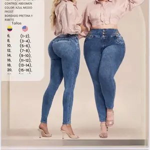 Jeans Colombianos Women Power Stretch Control Abdomen Blue Dirty Design in Laser Bota Recta Sizes 6-20
