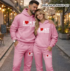 Couple's "I Love My" Print 2-Piece Hooded Sweatshirt & Drawstring Sweatpants Set(Sold as a Single Set), Casual Athletic Sportswear, Long-Sleeve Hooded Top, Suitable for Autumn-Winter-Spring, Everyday Tracksuit