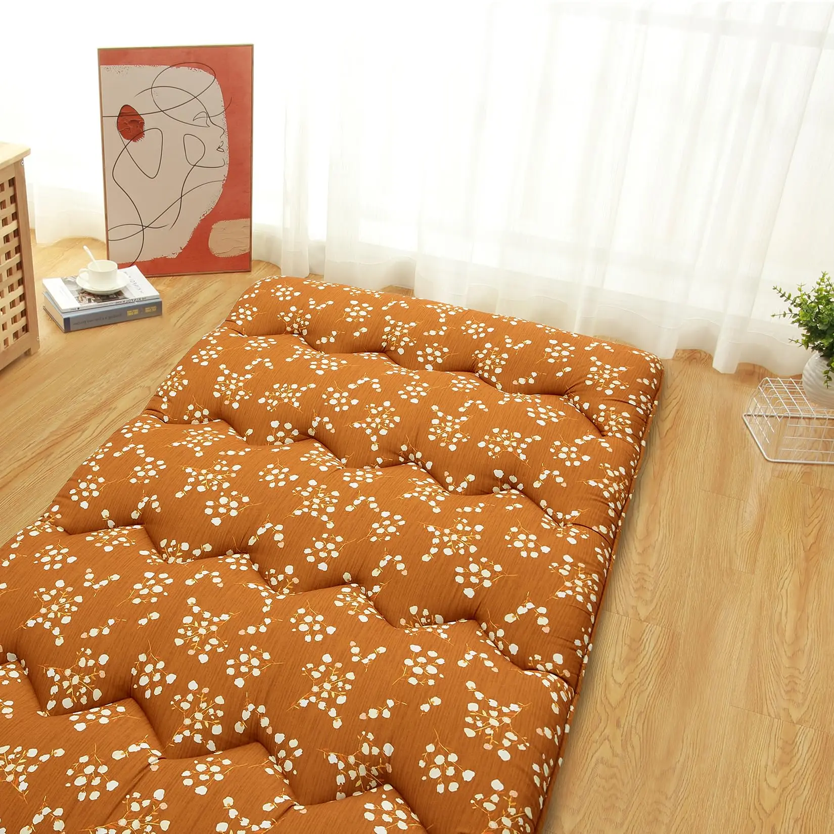 【GARVEE】Floral Pattern Japanese Futon Mattress, Twin Size, Ideal for Guest Rooms and Floor Sleeping, Comfortable Roll-Up Design for Camping and Versatile Use
