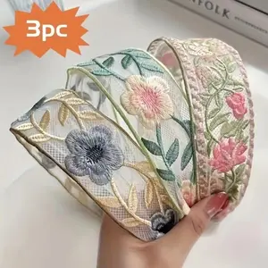 ‌3 PCS Floral Embroidery Headbands Cute Spring Summer Flower Printed Wide Boho Mesh Fabric Hair Bands Elastic Non Slip Comfortable Hair Accessories for Women Girls Trendy Viral Gift‌