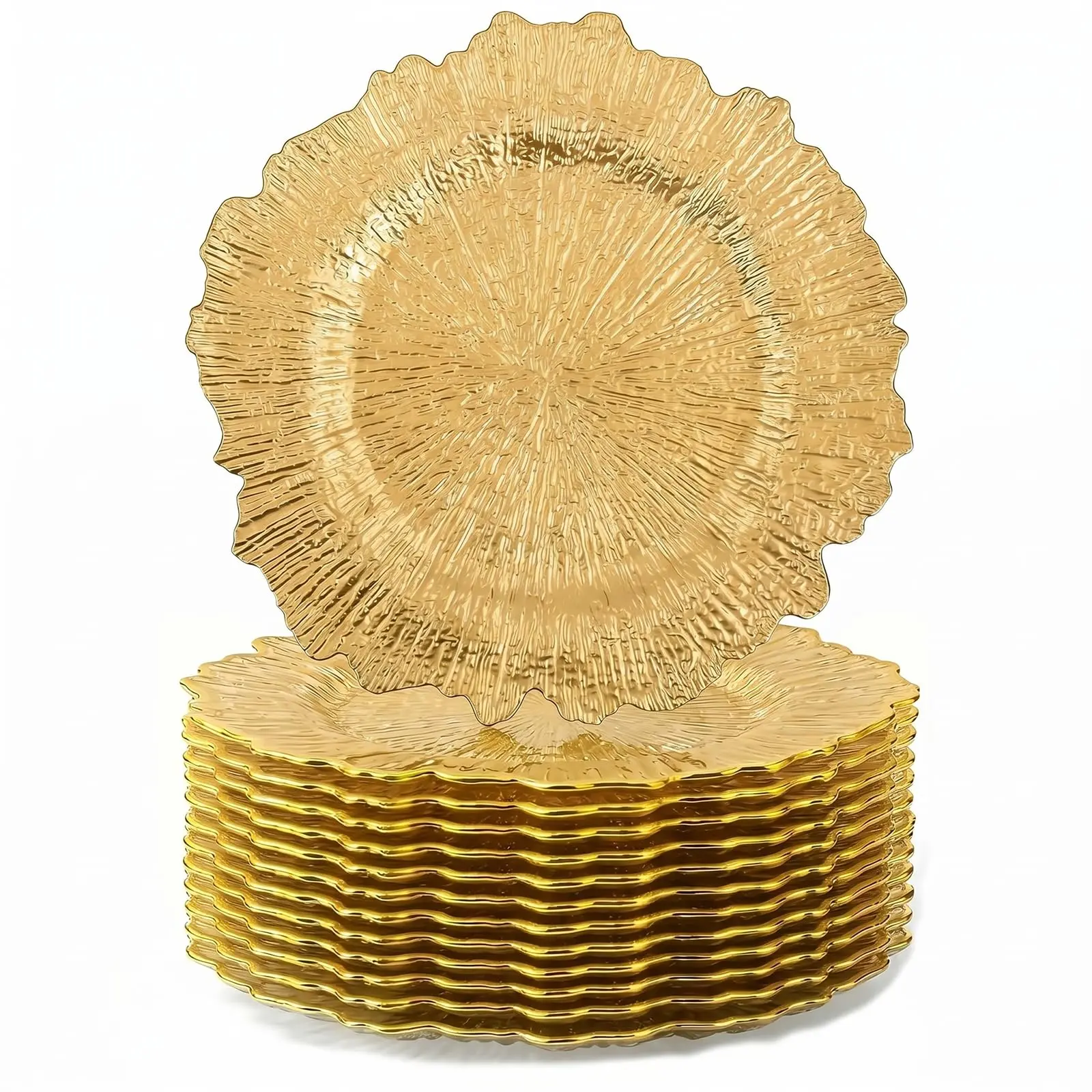 MAONAME Plating Gold Charger Plates - 13inch Reef Chargers for Dinner Plates | Plastic Charger Plates with Round Ruffled Rim Decorative Dinner Tableware for Wedding, Party, Event Table Decor