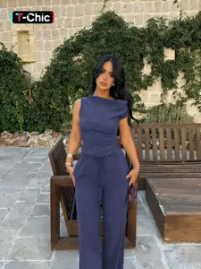 Solid Color Casual Minimalist Off-Shoulder Short Sleeve Fitted Top and Wide Leg Pants Set Outfits, Womenswear Lady Stylish Two Piece for Everyday Wear, Clothes