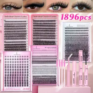 Lash Clusters Kit, 1896-Piece 5–18 mm D Curl Natural Volume Individual Eyelashes Book Set DIY Eyelash Extensions with Bond & Seal, Eyelash Extension Glue, Remover and Tweezers, Perfect for DIY at Home for Women and Beginners