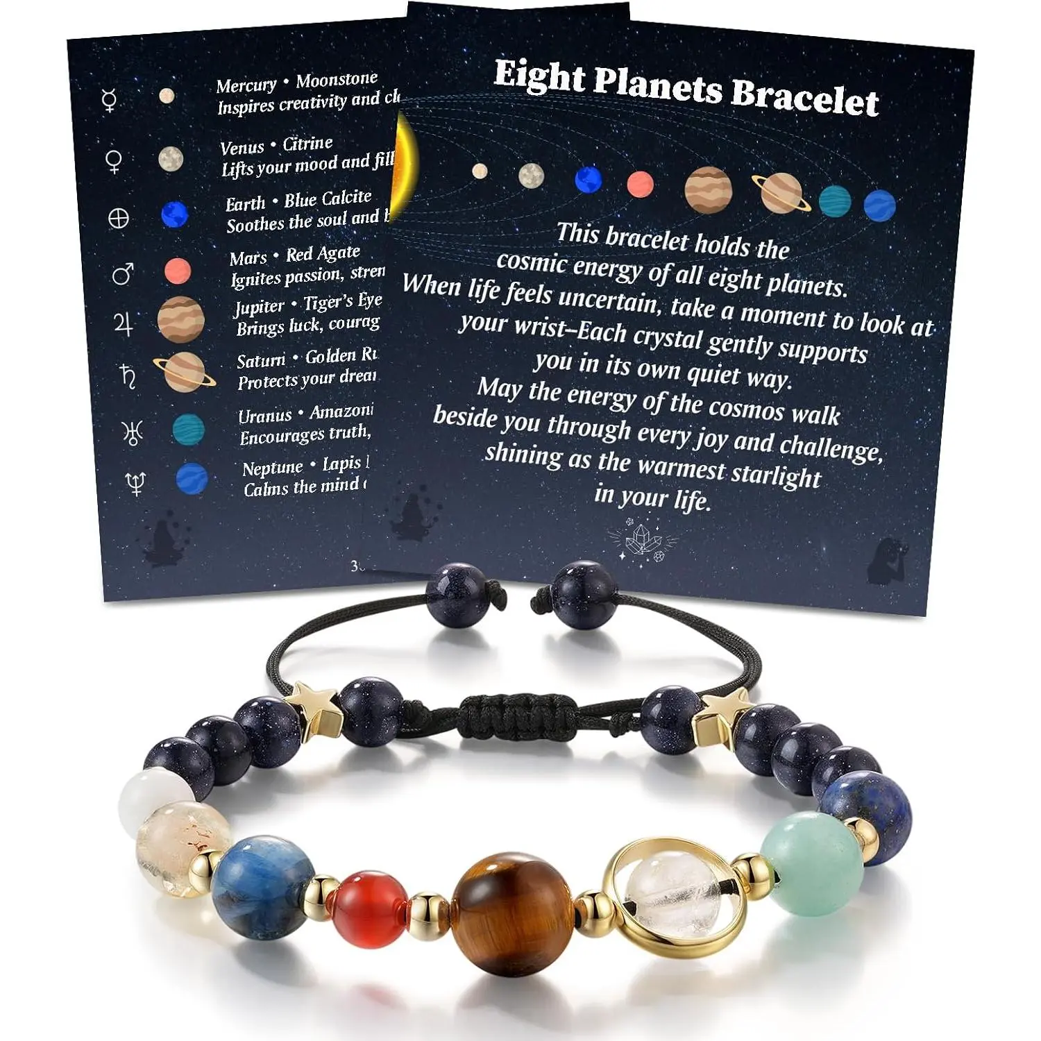 Solar System Bracelet – Eight Planets Beaded Bracelet with Natural Stones, Adjustable Jewelry Gifts for Teen Girls, Daughter, Granddaughter, Space Lovers