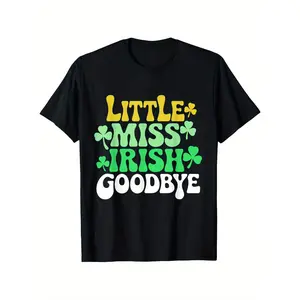 Men's 100% Cotton Little Miss Irish Goodbye Graphic T-Shirt - Black Short-Sleeve, Bold Green & Yellow Double Print, Crew Neck, Lightweight Breathable, Oversize Y2K Streetwear, St. Patrick's Day Gift Casual Crewneck Shortsleeve Tshirt