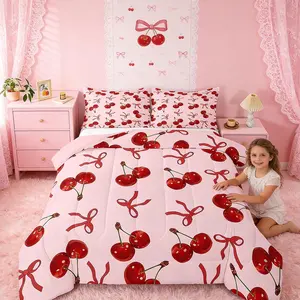 Feelyou Girls' Pink Cherry Bow Bedding Set - Microfiber Breathable Soft Blanket, Princess Bow Comforter with Cute Silk Ribbon Bowknot, Multi-Size Duvet Set for Girly Bedroom Decor, Bedroom Decor