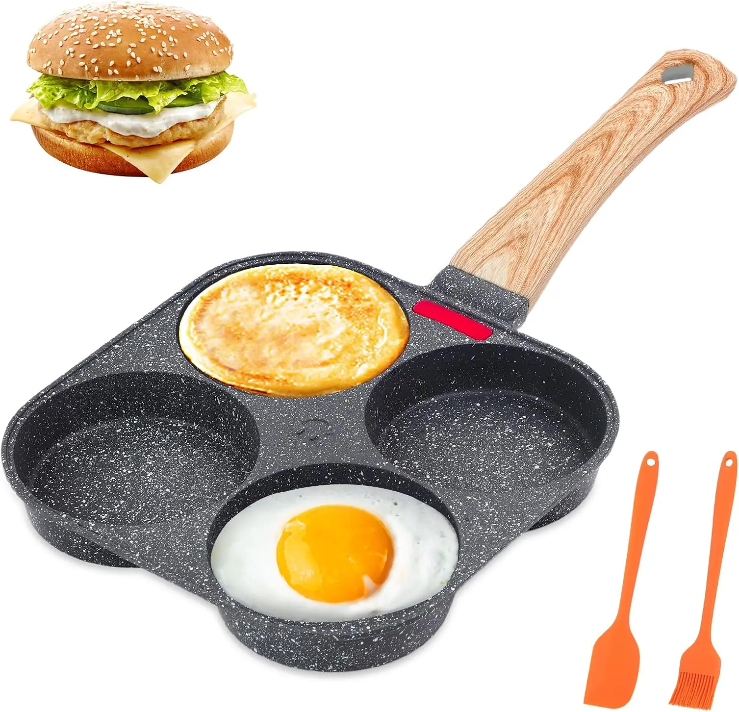 Non-stick Egg Frying Pan, 4 Holes Skillet With Handle, Multi-functional, Easy Clean, Space-Saving, Wooden Handle Medical Stone Omelet, Eco-Friendly, Cookware Frying Pan