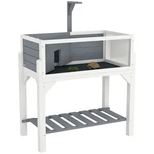 PawHut Tortoise Habitat with Storage Shelf, Wooden Tortoise Enclosure with Clear Windows, Lamp Holder, Openable Top, Built-in Tray, Reptile Cage for Indoor Outdoor Use, Gray