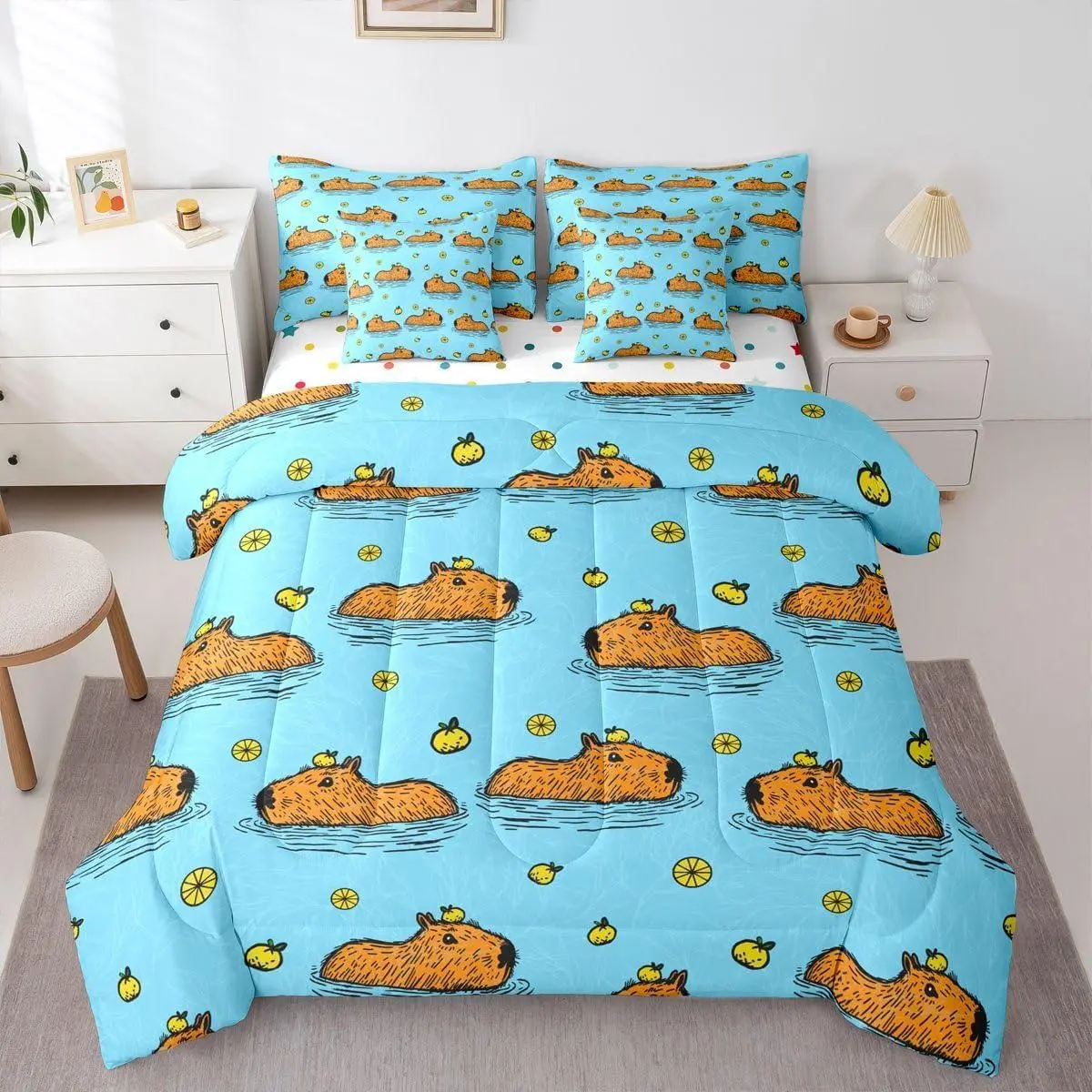 Capybara 7 Piece Comforter Set,Kids Capybara Animals Lovers Bedding Set for Boys Teens Fruit Lemon Comforter Natural Theme Blue Brown Sheet Set,Room Decor Quilt Soft Cozy