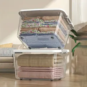 Extra-large capacity household Clothes storage box with wheels on the bottom, double-sided buckle design, and a lid. Two colors available. Easy-to-move and stackable plastic storage box