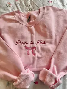 Embroidered Coquette Bow Sweatshirt, Pretty In Pink Tee, Embroidered Pink Bow Sweater, Coquette Bow Tee Shirt, Embroidery Pink Ribbon T-Shirt