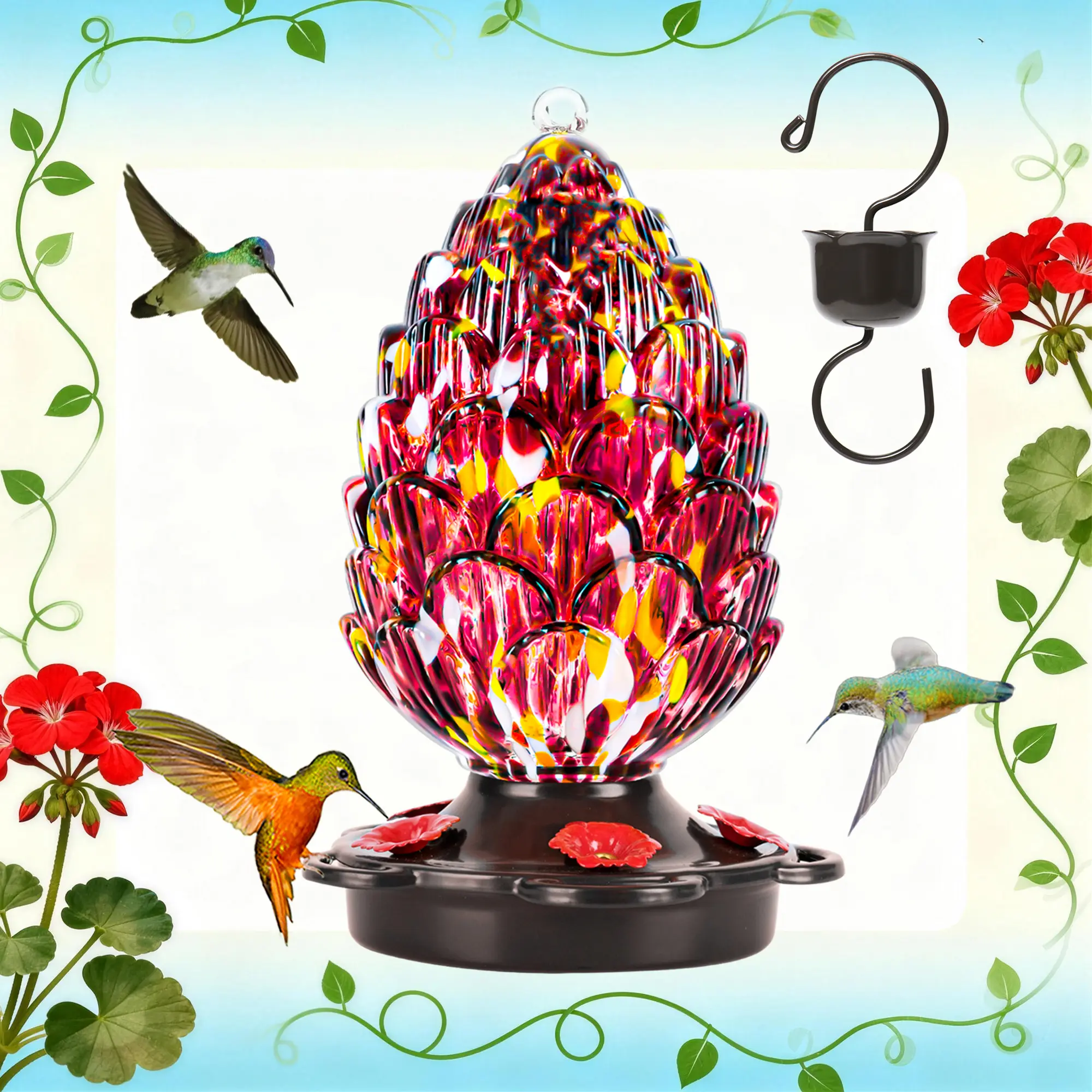 LUJII Pine Cone-Shaped Hand-Blown Glass Hummingbird Feeder - 25 fl.oz Leakproof Rustproof Outdoor Hanging Bird Supply, Unique Shape Garden Backyard Decor, Gift for Bird Lovers Friends Family Women Neighbors