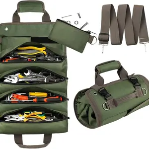 Outdoor car repair heavy-duty tool bag, tool roll up bag, Convenient tool pockets, compact portable large capacity tool storage organizer, suitable for mechanics, electricians, and DIY enthusiasts
