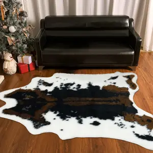 1pc Western Cowboy Faux-Wool Cow-Print Accent Rug｜Furry Floor Rugs Washable & Foldable for Bedside-Living-Bath, 3-Way Seat-Mat/Wall-Hanging