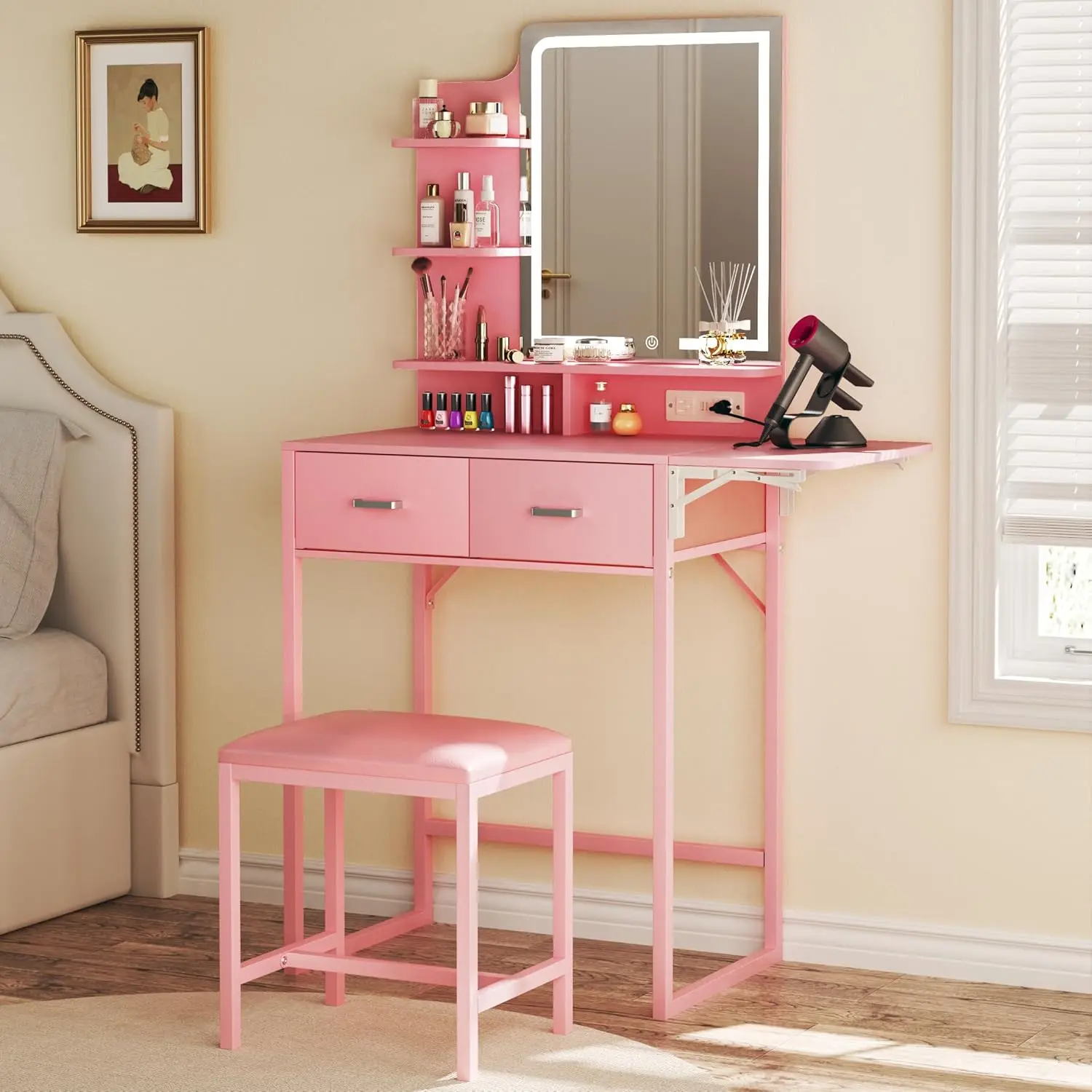 Pink Fancy Makeup Vanity Desk with LED Lights, Longpress Dimming, Small Size, Adjustable Fold-up Panel, Built-in Storage Drawer, 3 Shelves, Power Outlets, MDF Board - Fabric Drawer, Chair Included for Bedroom Indoor Furniture