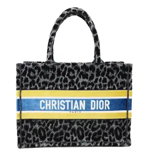 Pre-owned Dior Canvas Tote Bags Christian Book Medium Leopard Mizza Embroidered Tote Bag Black