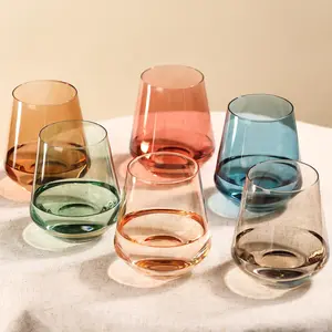 Colored Stemless Wine Glasses Set of 6-17 oz Hand-Blown Crystal Colorful Drinking Glasses,Multicolor Wine Glass for Wine Lovers Drinkware Glassware