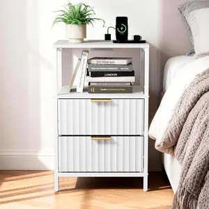 Modern Nightstand with US Standard Power Outlet, Grille Design, 2 Drawers & 1 Shelf, Iron & Wood Bedside Table, 15"×12"×24"