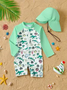Baby Boy One-Piece Sun Protection Swimsuit with Hat, UV Protective Swimwear for Infants, Toddler Swimsuit, Comfortable and Durable Bathing Suit, Swimming Suit