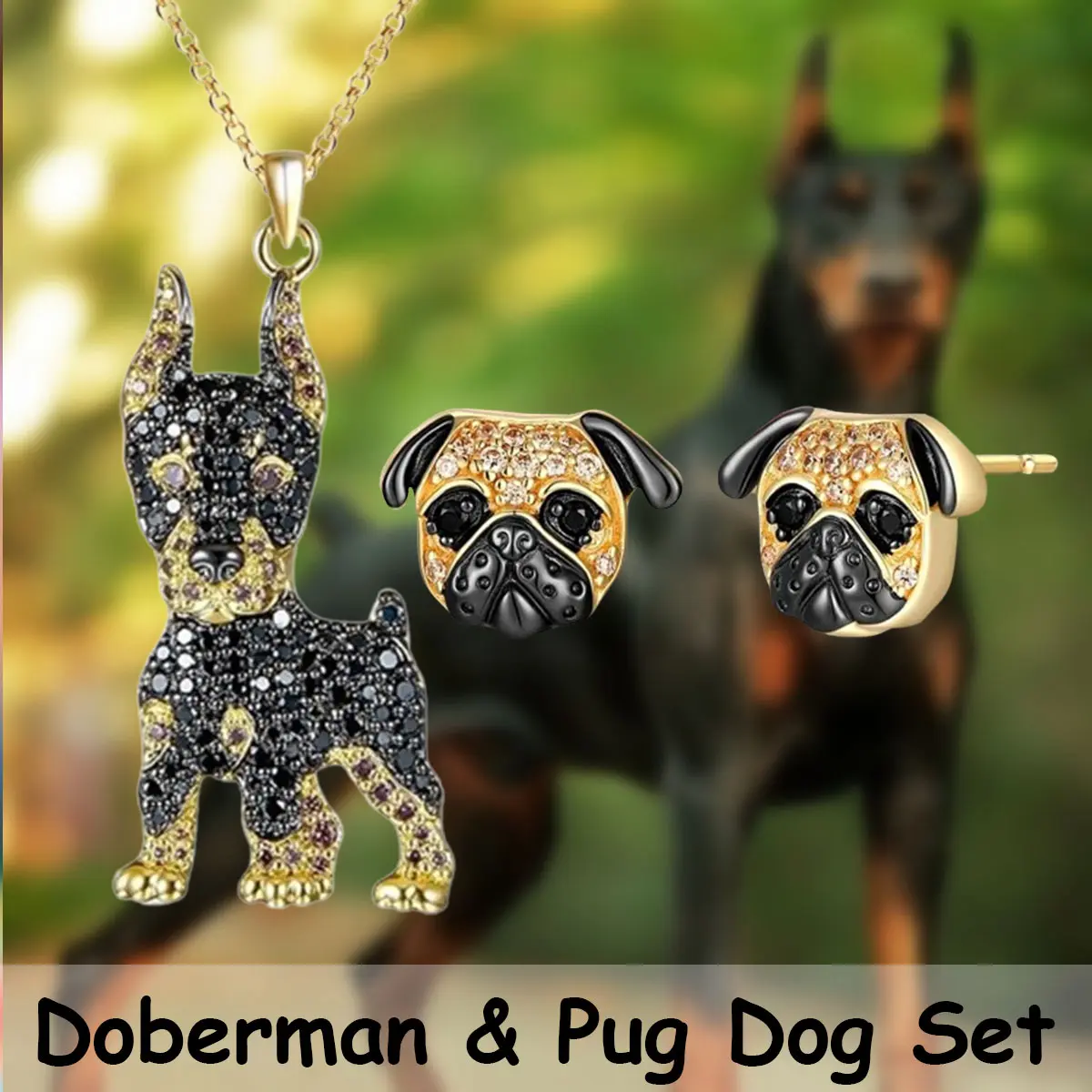 3-Piece Fashion Jewelry Set, Golden Doberman Pendant Necklace & Pug Earrings, Alloy Animal Jewelry for Women, Everyday Christmas Gift, Birthday, Cute, Daily, Elegant