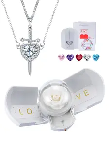 2PCS/Set Heart Sword Pendant Necklace With Luxury White Rose Jewelry Box, Trendy Dainty Couple Necklace Set, Valentine's Day Birthday Christmas Exquisite Jewelry Gift for Girlfriend Boyfriend, Love Heart Necklace