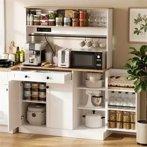 Kitchen Pantry Storage Cabinet with Power Outlets,Farmhouse Food Pantry Cabinets with Microwave Stand,Freestanding Kitchen Hutch Cabinet with Drawers and Adjustable Shelves