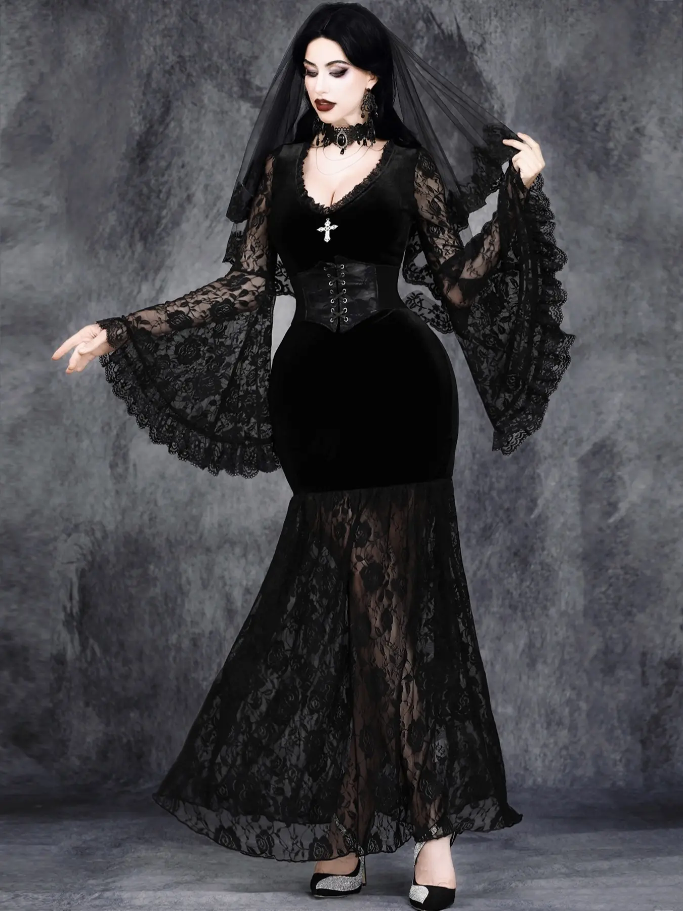 Women's Gothic V Neck Lace Patchwork Velvet Cross High Waist Corset Dark Party Dress, Punk Style Fitted Long Sleeve Halloween Costume for All Seasons Cosplay Costume