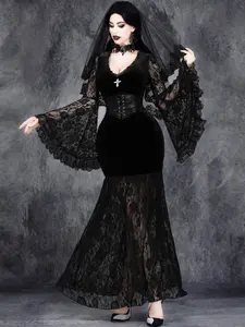 Women's Gothic V Neck Lace Patchwork Velvet Cross High Waist Corset Dark Party Dress, Punk Style Fitted Long Sleeve Halloween Costume for All Seasons