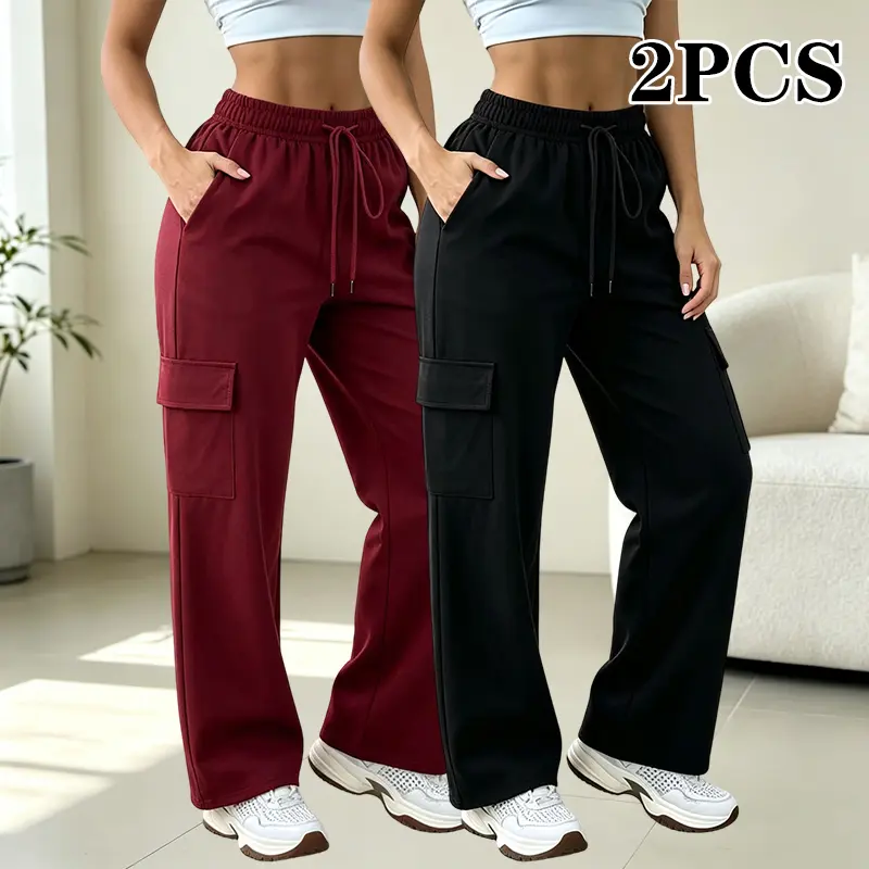2-pack Y2K vintage cargo pants for women – fashionable retro streetwear with multiple pockets, multifunctional design, high waist, straight legs; all-season cargo pants