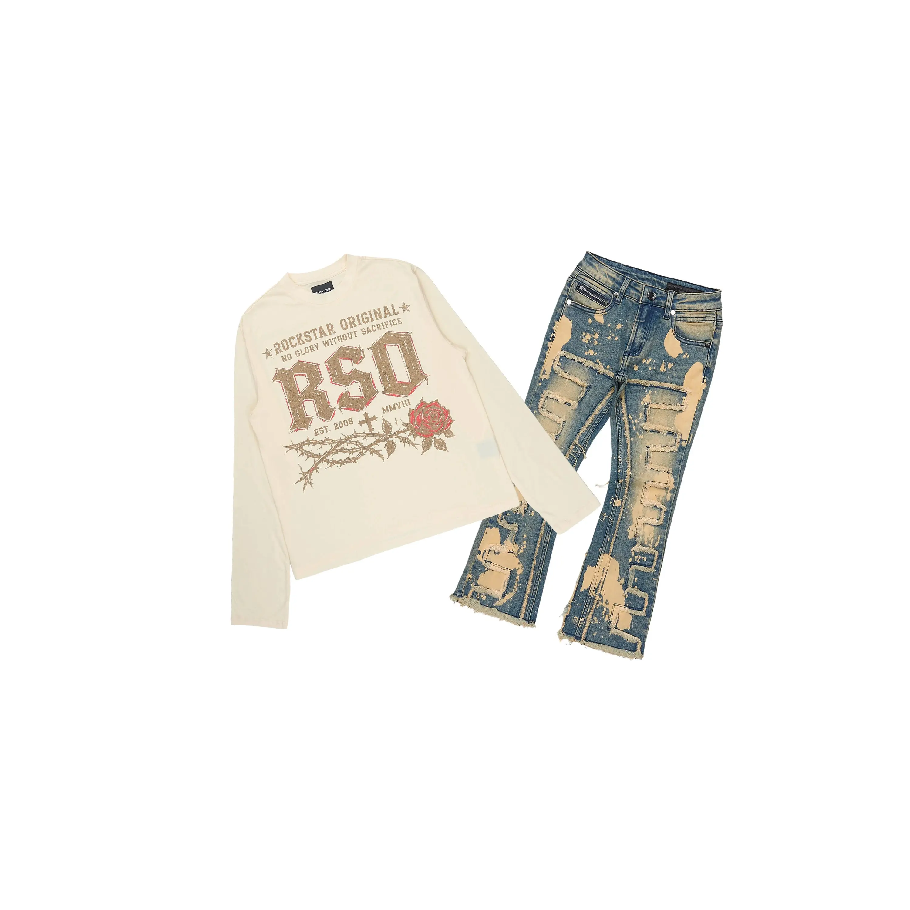 Boys Athens Sand Tint Long Sleeve T-Shirt Stacked Jean Set