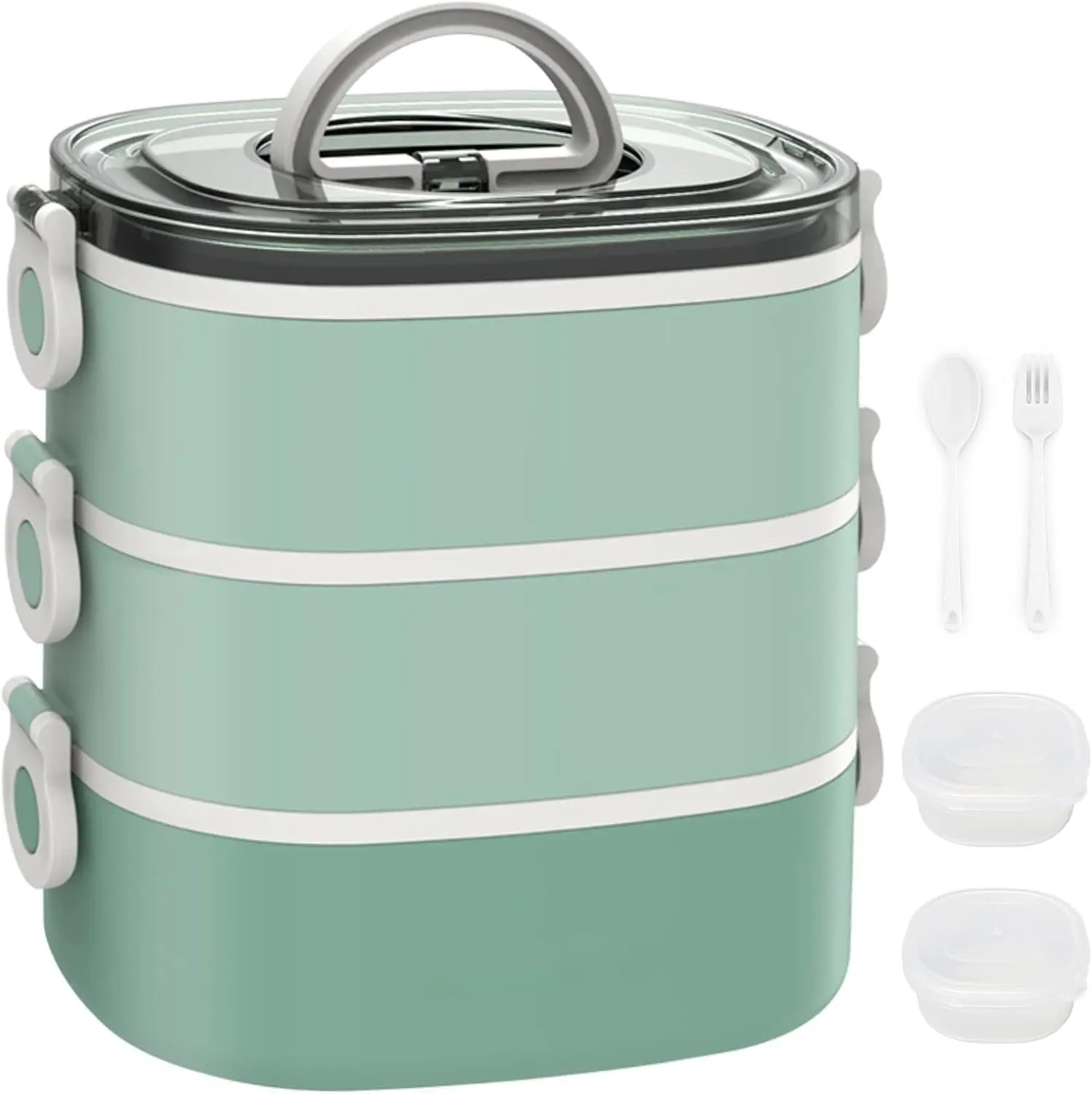Lunch Box, Stackable 3 Layers Containers, Portable 94OZ Large Capacity Leakproof Bento Box with Spoon & Fork & Sauce Boxes, Microwave Safe Lunch Box for  and Adults
