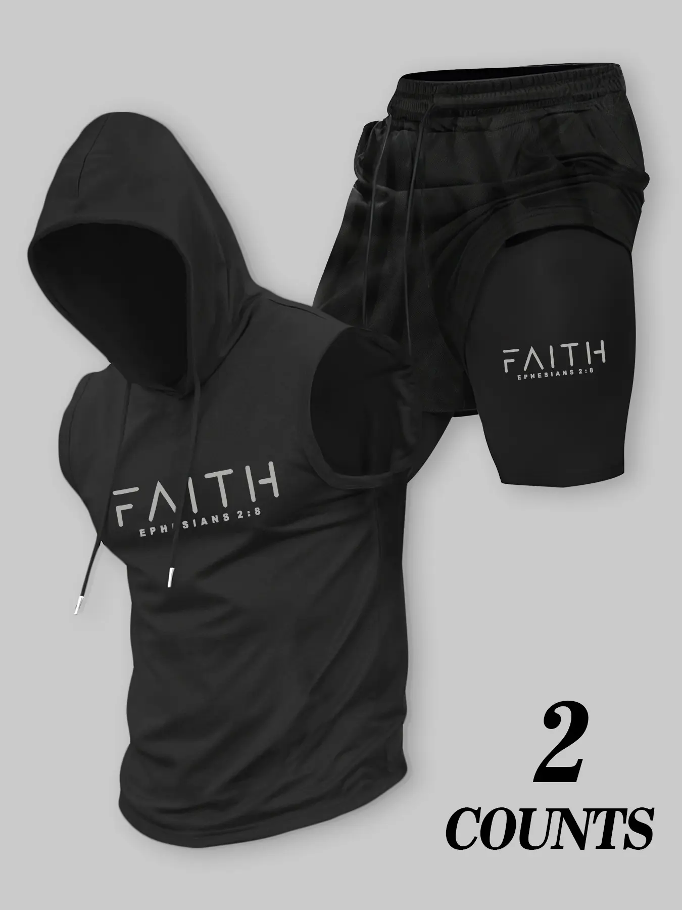 Men's 2 Piece Faith Workout Outfit - Sleeveless Hooded Tank Top & 2-in-1 Compression Shorts Set, Gym Clothing, Fitness Training Clothes, Quick Dry Gym Clothes with Ephesians 2:8 Bible Verse Print, Christian Fitness Apparel for Men
