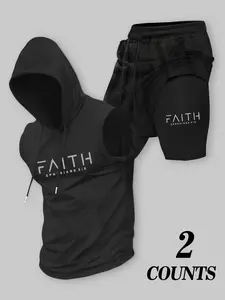 Men's 2 Piece Faith Workout Outfit - Sleeveless Hooded Tank Top & 2-in-1 Compression Shorts Set, Workout Gym Clothing, Quick Dry Gym Clothes for Bodybuilding, Running with Ephesians 2:8 Bible Verse Print, Christian Fitness Apparel for Men