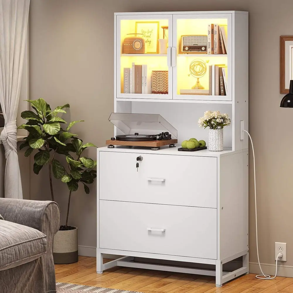 SIKAIC Modern Durable Home Office Furniture 2-Drawer Lockable Filing Cabinet - Speciality Office Furniture Single Unit with Printer Stand, Charging Station, LED Light, Bookshelf, Acrylic Door Storage Cabinet (White, Assembly Required)