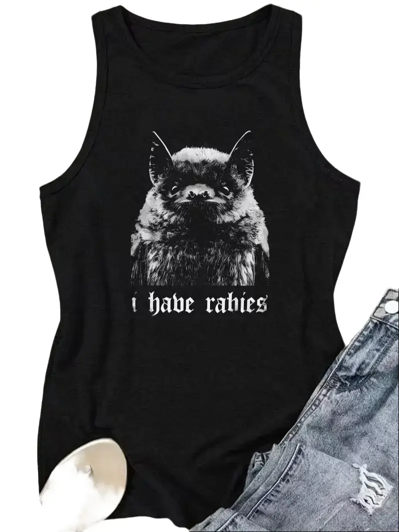 Women's Polyester Vintage Grunge Bat Graphic Print Round Neck Sleeveless Tank Top, Bat Graphic Women's Tanks & Camis, Ripped, Crew Neck, Regular Fit, Bat Sketch