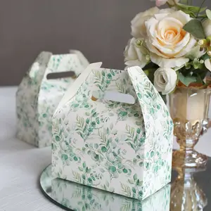 25 Pack White Green Party Favor Gift Tote Gable Boxes with Eucalyptus Leaves Print, Candy Treat Boxes - 6"x3.5"x7"