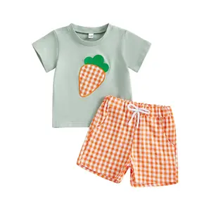 Toddler Boys' 2-Piece Easter Outfit Set, Toddler Clothing, Bunny Carrot Embroidered Short-Sleeve T-Shirt & Plaid Shorts, Cute Casual Baby Boys' Clothes