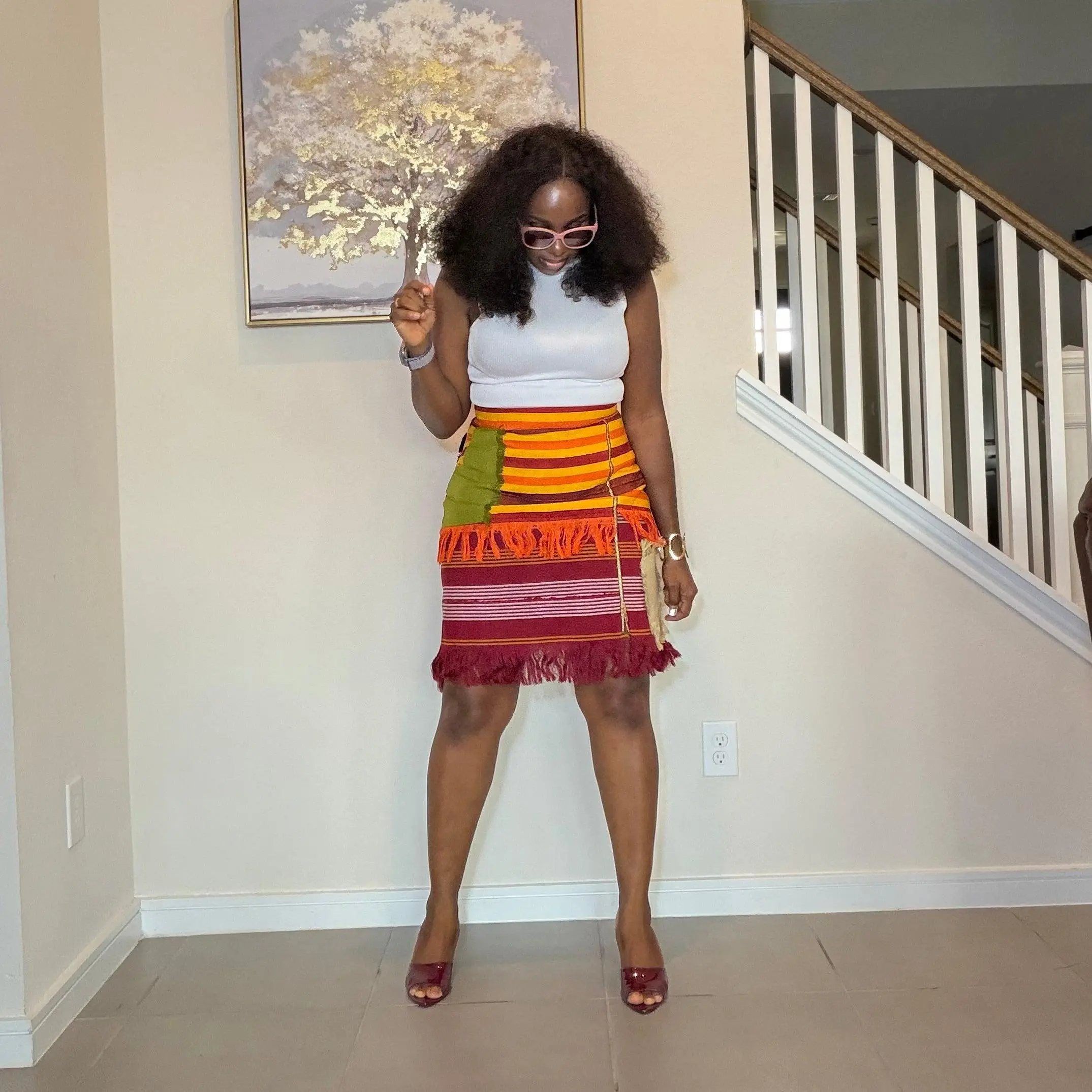Colorful African Aso Oke Fringe Skirt, Handmade Aso Oke Patchwork Skirt