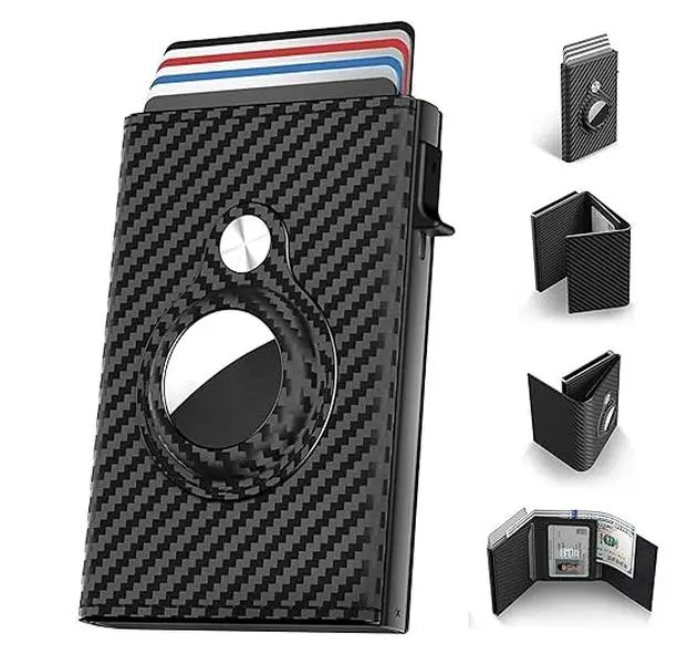 Unisex Slim Carbon Fiber Leather Trifold Wallets - 9-14 Card Capacity, Business Card Holder with ID Window & Cash Slot, Black Father's Day Gift