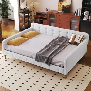 Full Size Upholstered Daybed, Mid Century Daybed Frame with Wooden Slat Support, Linen Daybed with Tufted Headboard for Living Room, Bedroom, Guest Room, Beige