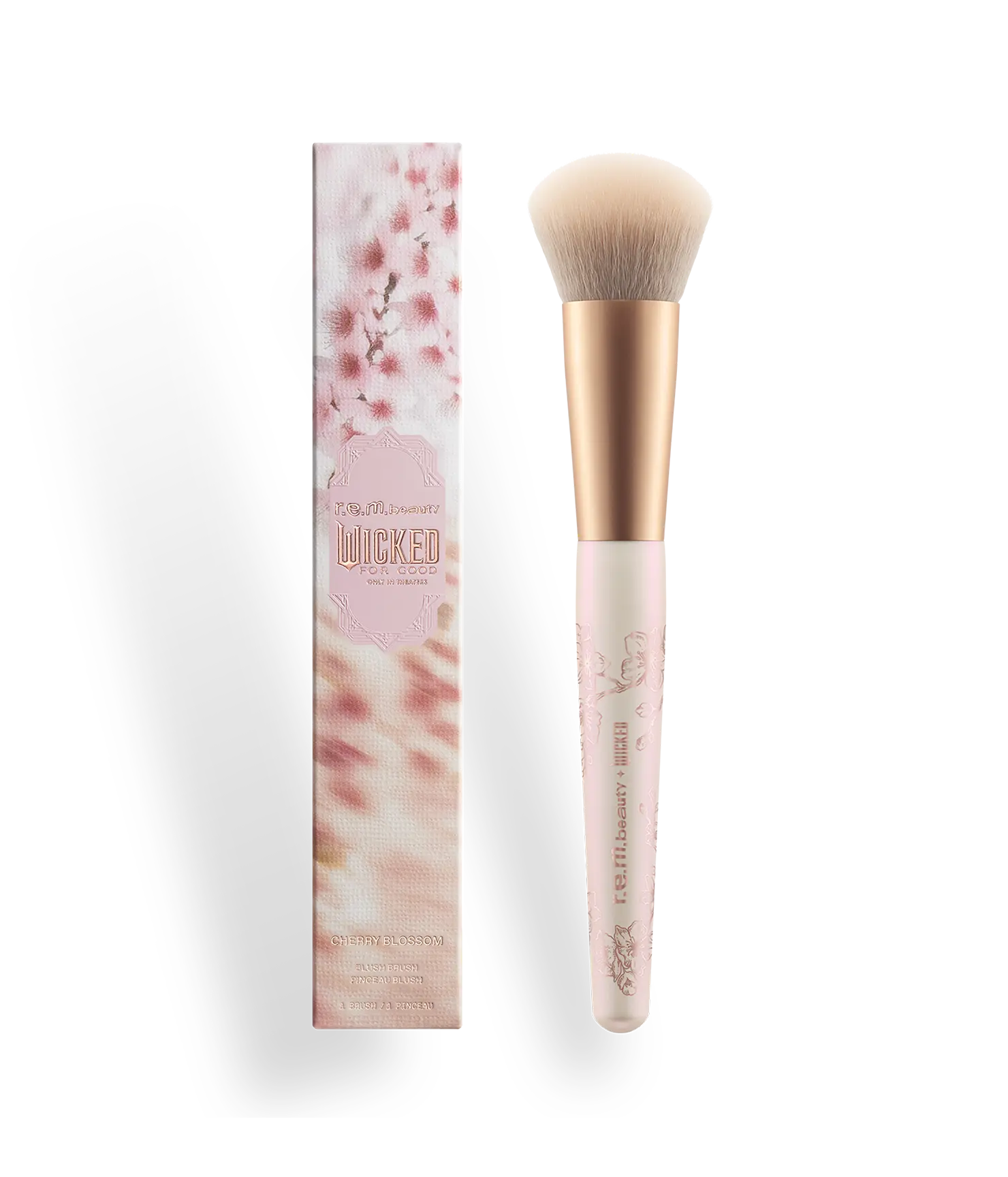 r.e.m. beauty x Wicked: For Good Cherry Blossom Blush Brush - soft, flexible, vegan bristles, blends color flawlessly, contours and highlights