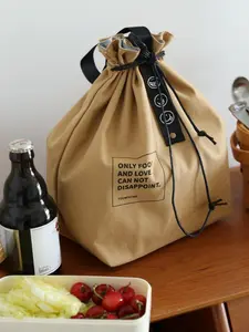 Letter Print Drawstring Lunch Bag, Bento Bag, Durable Canvas Lunch Bag with Adjustable Strap, Foldable Insulated Lunch Bag for Women & Men, Reusable Lunch Bag, Durable Lunch Bags