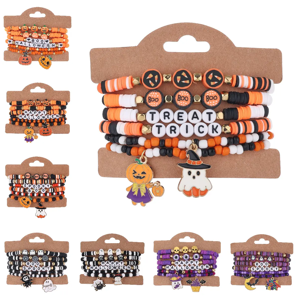 6-Piece Halloween-Themed Polymer Clay Bracelet Set, Cute Pumpkin & Ghost Beaded Letter Bracelets for Parties and Holiday Gifts