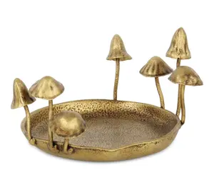 HomeRoots 6" Antiqued Gold Cast Iron MushroomsTrinket Tray