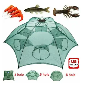 8 holes Fishing Bait Trap Crab Net  Shrimp Cast Dip Cage Fish Foldable umbrella