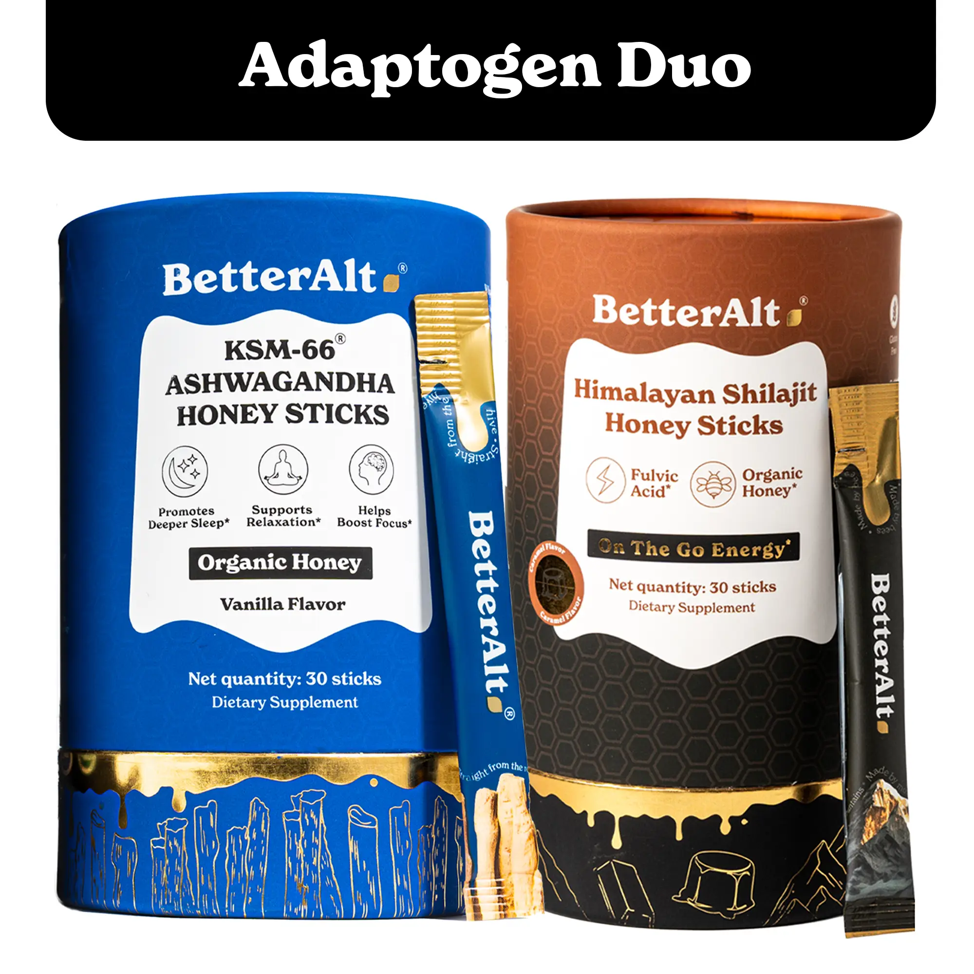 BetterAlt Adaptogen Duo | Shilajit Honey Sticks (Caramel flavor) + KSM-66 Ashwagandha Honey Sticks + GOLD+ | 30 + 30 Sticks