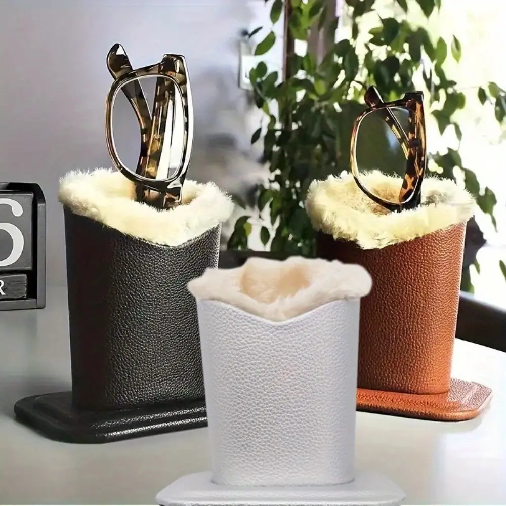3pcs Faux Leather Eye Glasses Holders for Men, Plush-Lined Eyewear Organizer with Base, Casual Fashion Desk Display Stand, Unique Home & Office Decor Mini Gifts